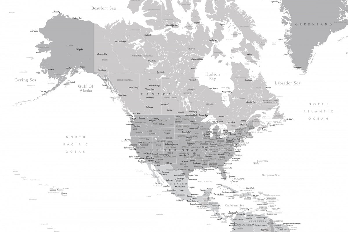 Grått kart over Nord-Amerika med byer