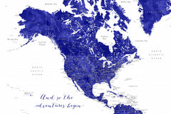 Wall mural Adventure map of North America in cobalt blue – fototapet med unikt motiv som skapar en inspirerande fondvägg