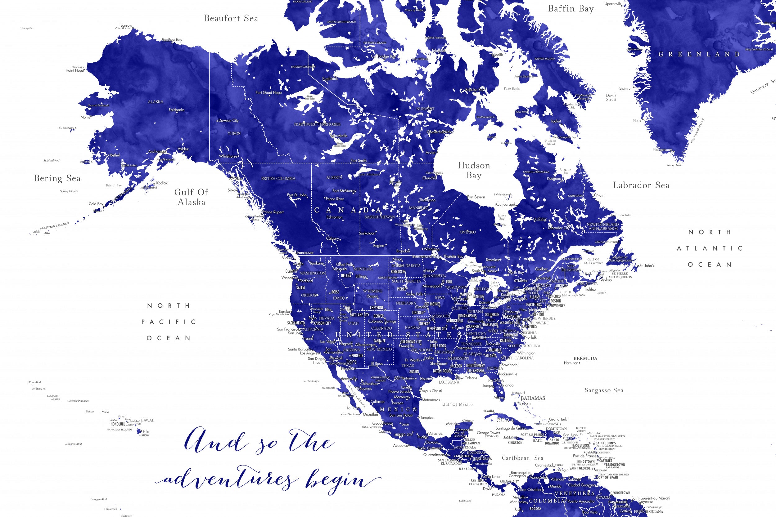 Adventure map of North America in cobalt blue