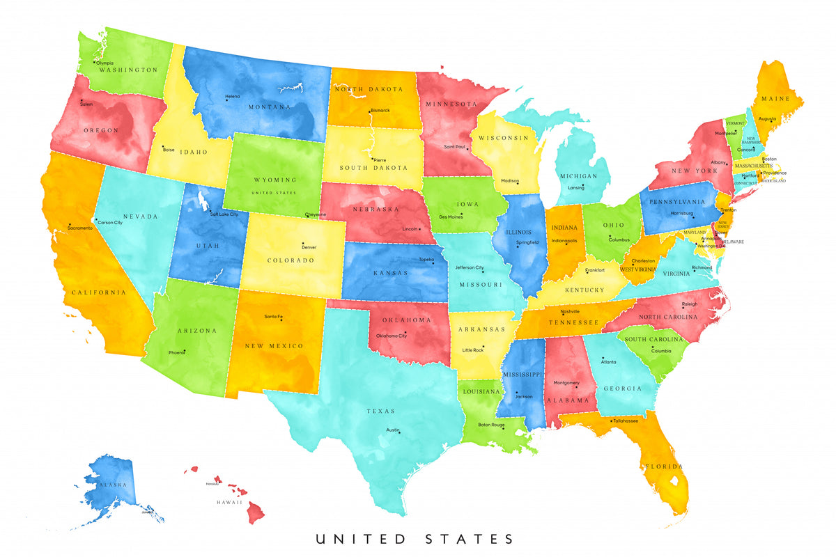 Fargerikt kart over USA med delstater og delstatshovedsteder – amerikansk geografi