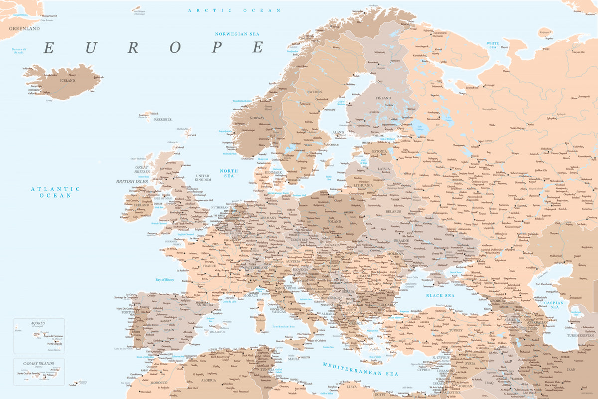 Nøytralt detaljert kart over Europa