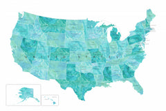 Wall mural Aquamarine watercolor US map – fototapet med unikt motiv som skapar en inspirerande fondvägg