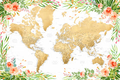 Wall mural Floral bohemian world map with cities Blythe – fototapet med unikt motiv som skapar en inspirerande fondvägg