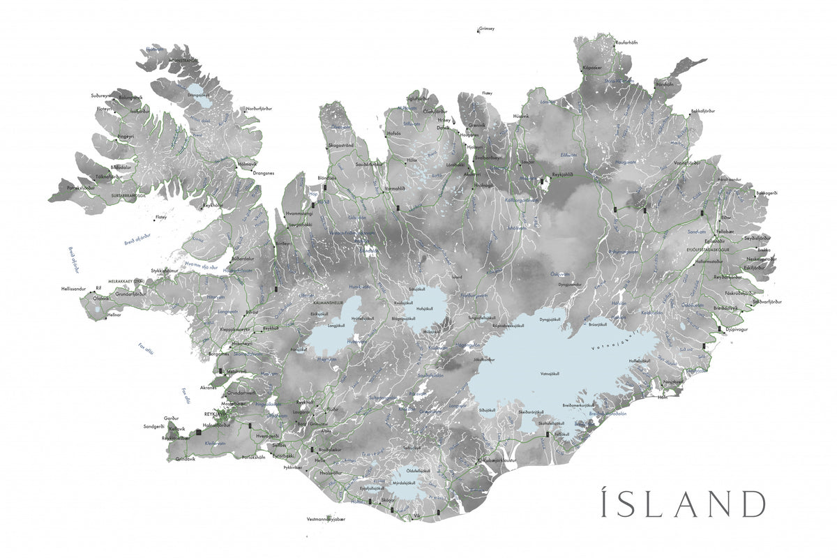 Island – Islandsk kart i grå akvarell med opprinnelige navn