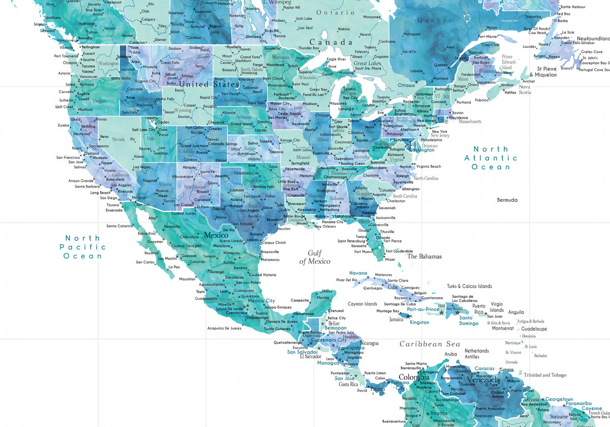 Akva-kart over USA og Det karibiske hav