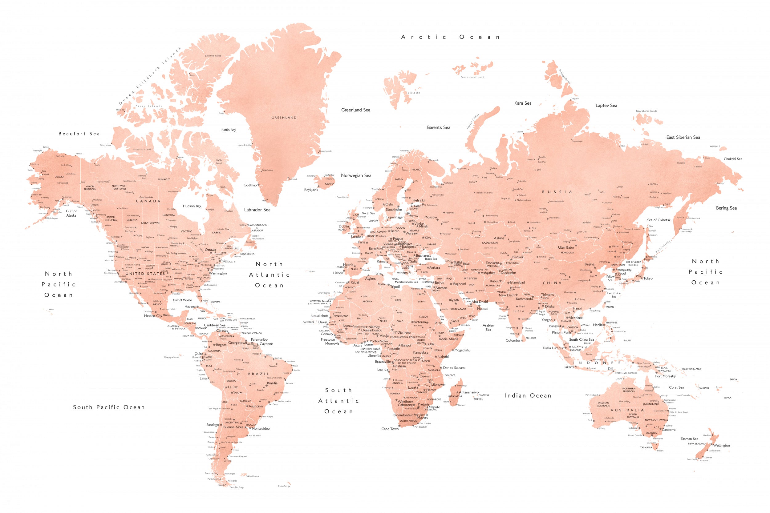 Rose gold world map with cities, Hadi