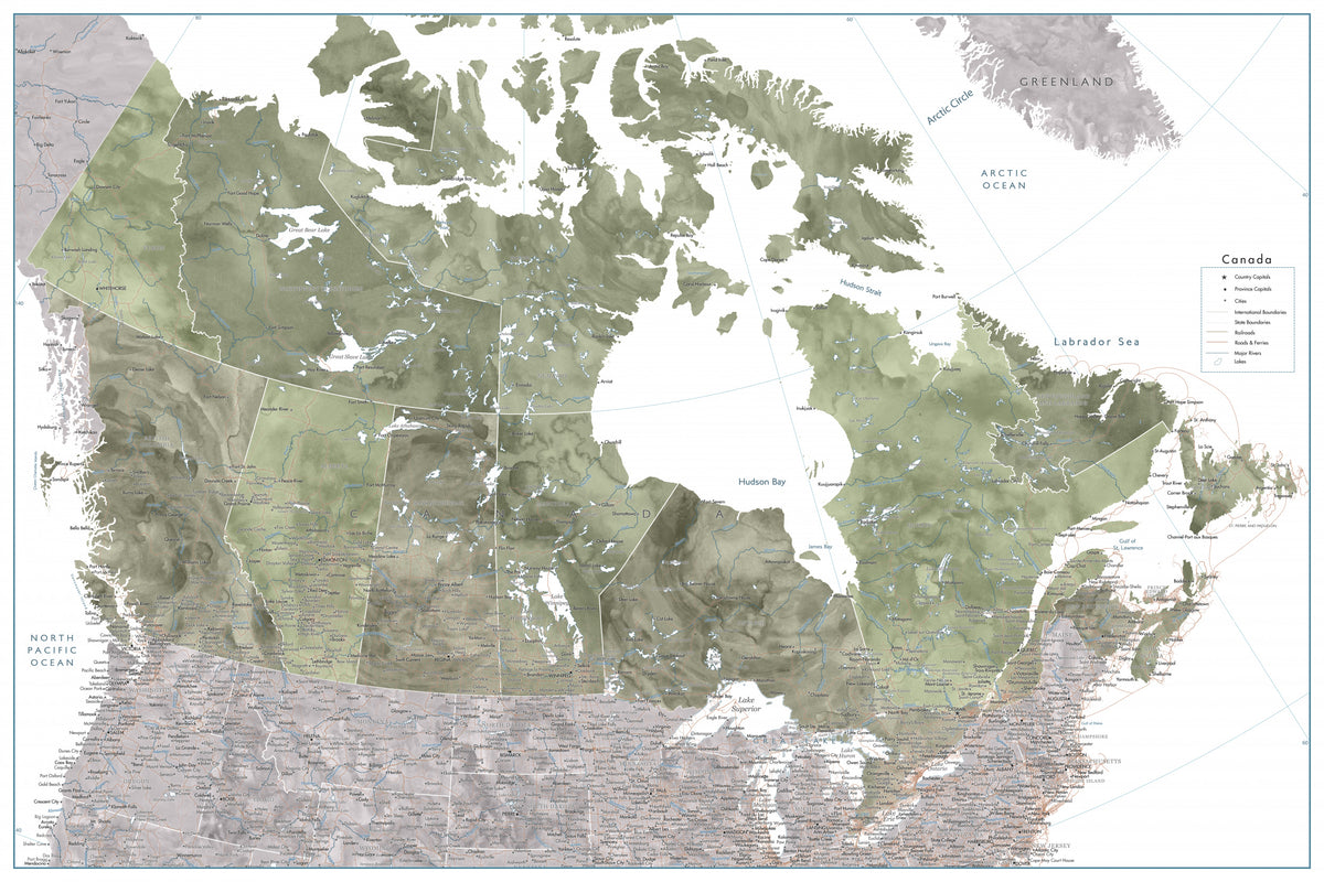Detaljert kart over Canada i grønn akvarell