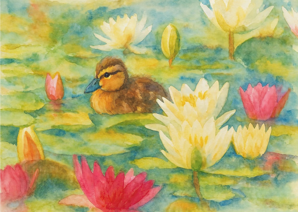 Duckling Among Lilies