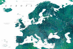 Wall mural Teal detailed map of Europe – fototapet med unikt motiv som skapar en inspirerande fondvägg