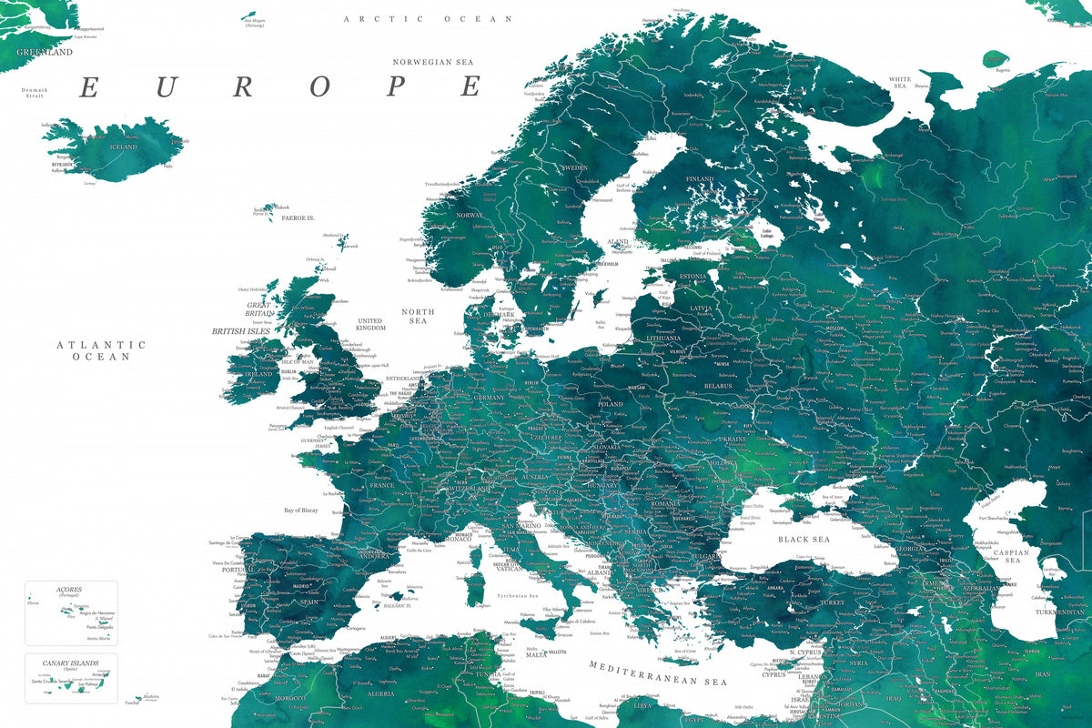 Detaljert kart over Europa i teal