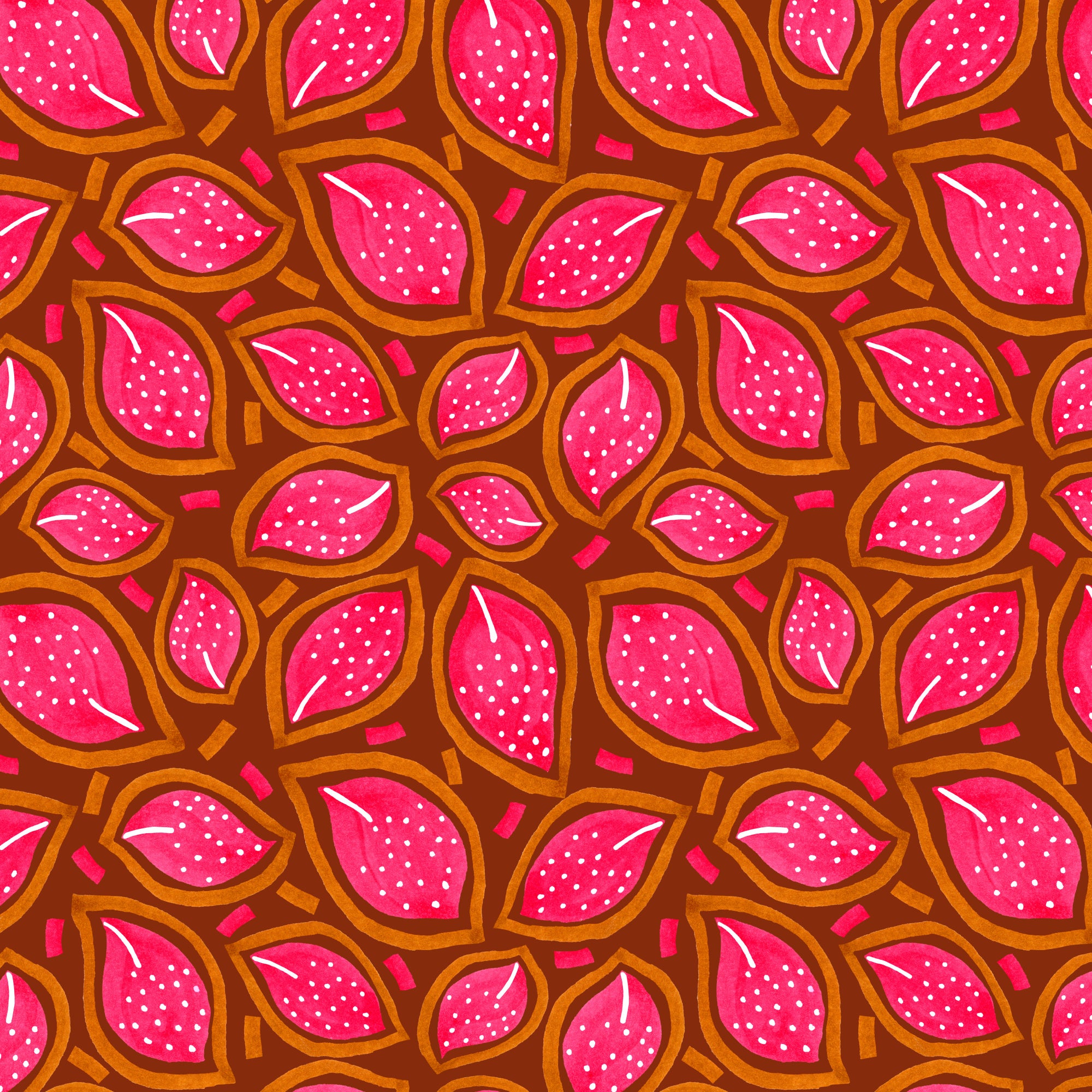 Coral On Wine Scattered Floral Leaves Polka Dot