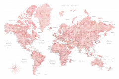 Wall mural Pink watercolor world map with cities Alheli – fototapet med unikt motiv som skapar en inspirerande fondvägg