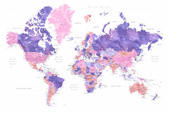 Wall mural Watercolor world map with cities Brandie – fototapet med unikt motiv som skapar en inspirerande fondvägg