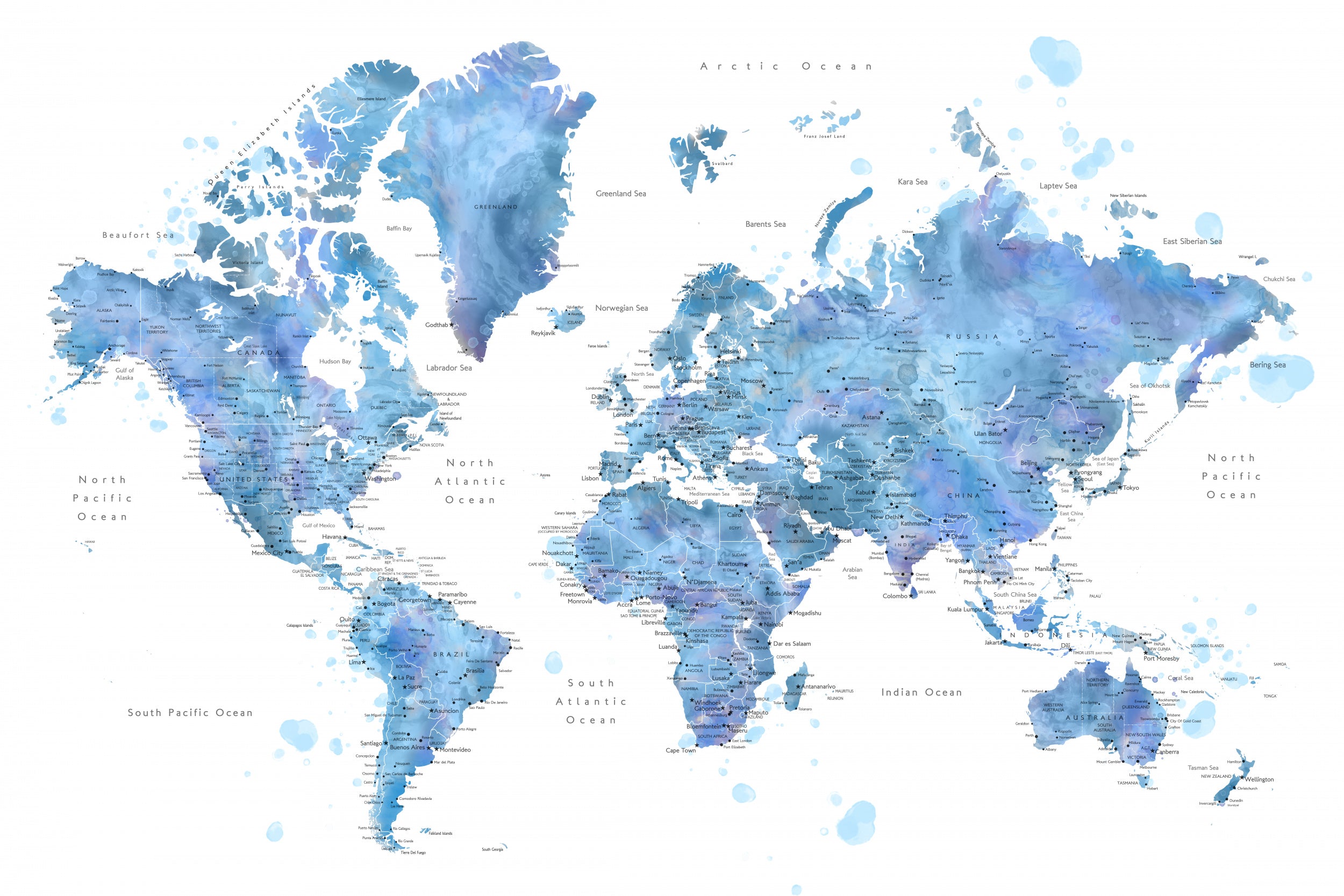 Blue watercolor world map with cities, Simeon