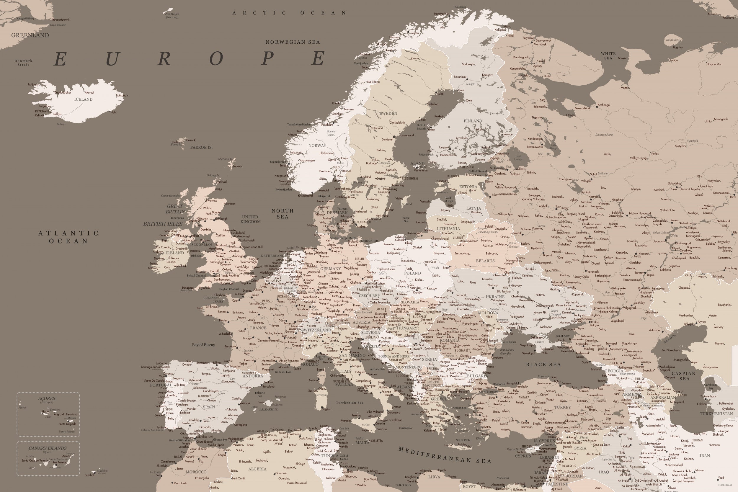 Earth tones detailed map of Europe