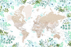 Wall mural Detailed floral world map with cities Leanne – fototapet med unikt motiv som skapar en inspirerande fondvägg