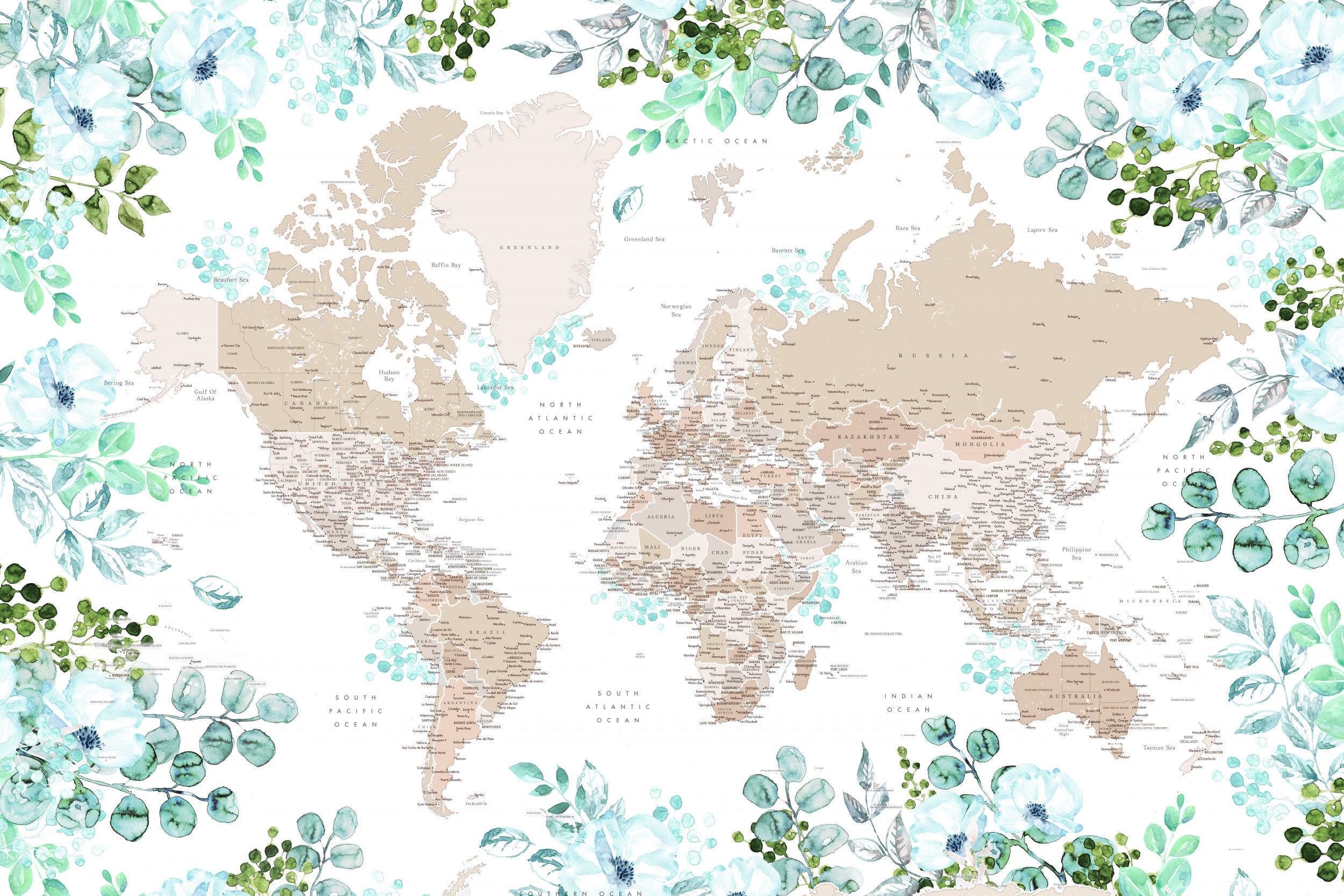 Detailed floral world map with cities, Leanne