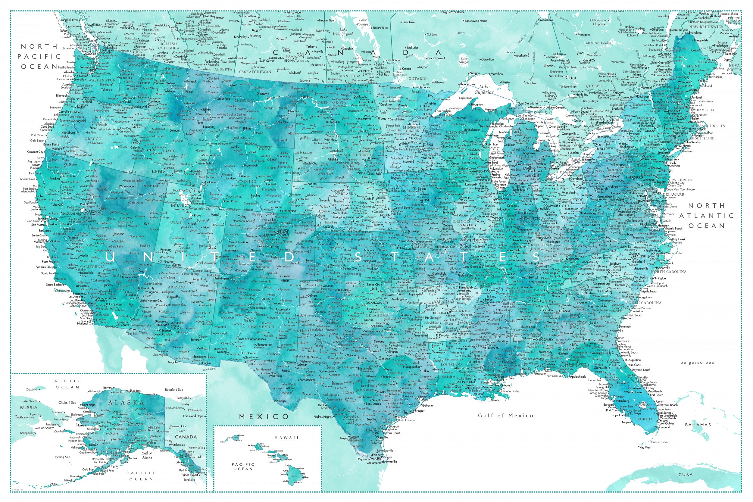 Highly detailed map of the United States, Caribbean waters