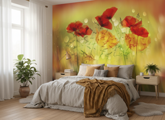 Blommor Dancing - Fototapet med dansande vallmor i rött – fototapet med unikt motiv som skapar en inspirerande fondvägg
