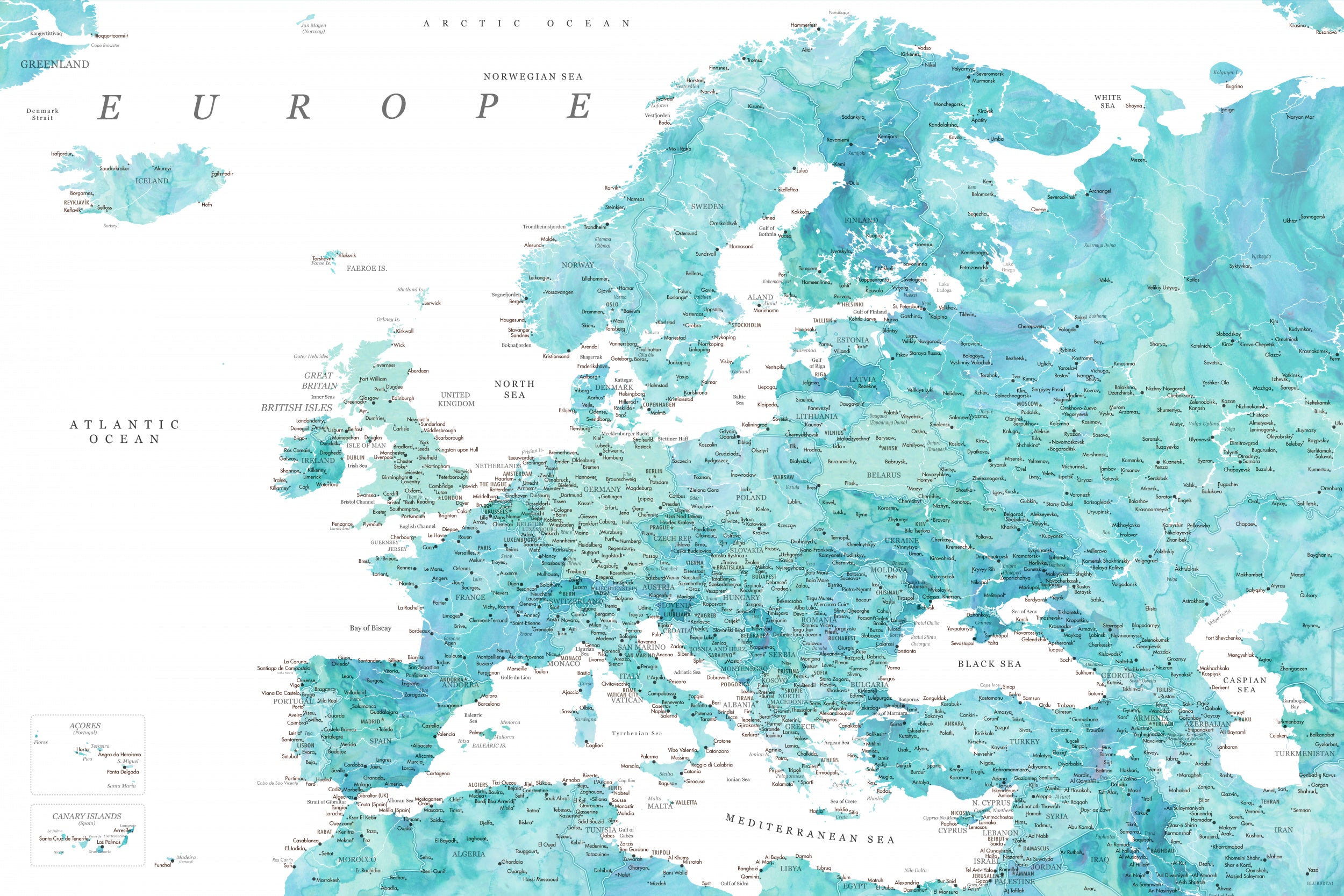 Aquamarine detailed map of Europe