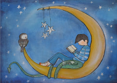 Boy Reading On Moon