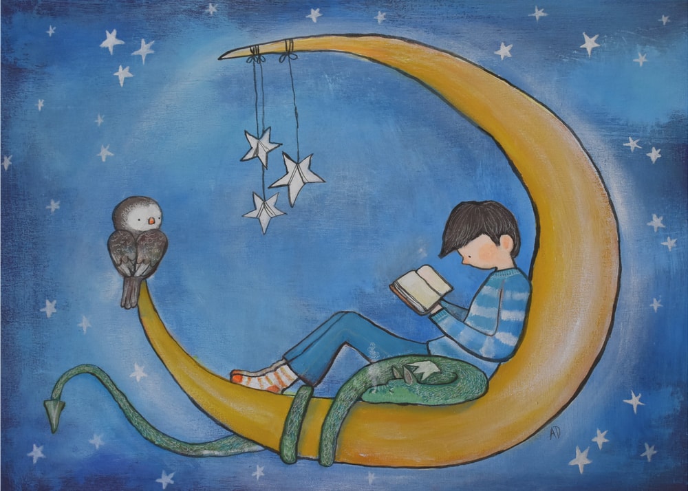 Boy Reading On Moon