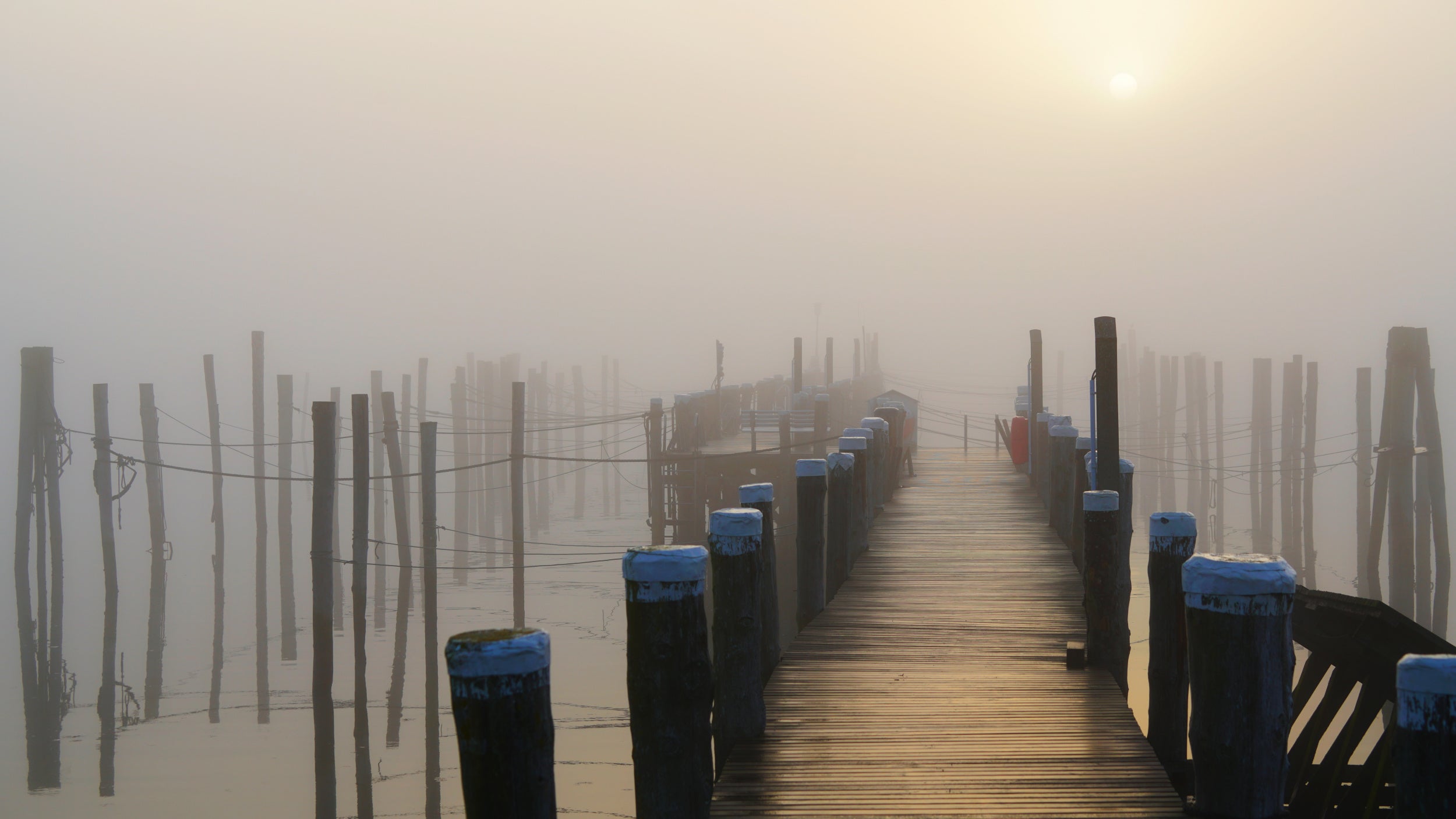 Golden fog at the lonely pier