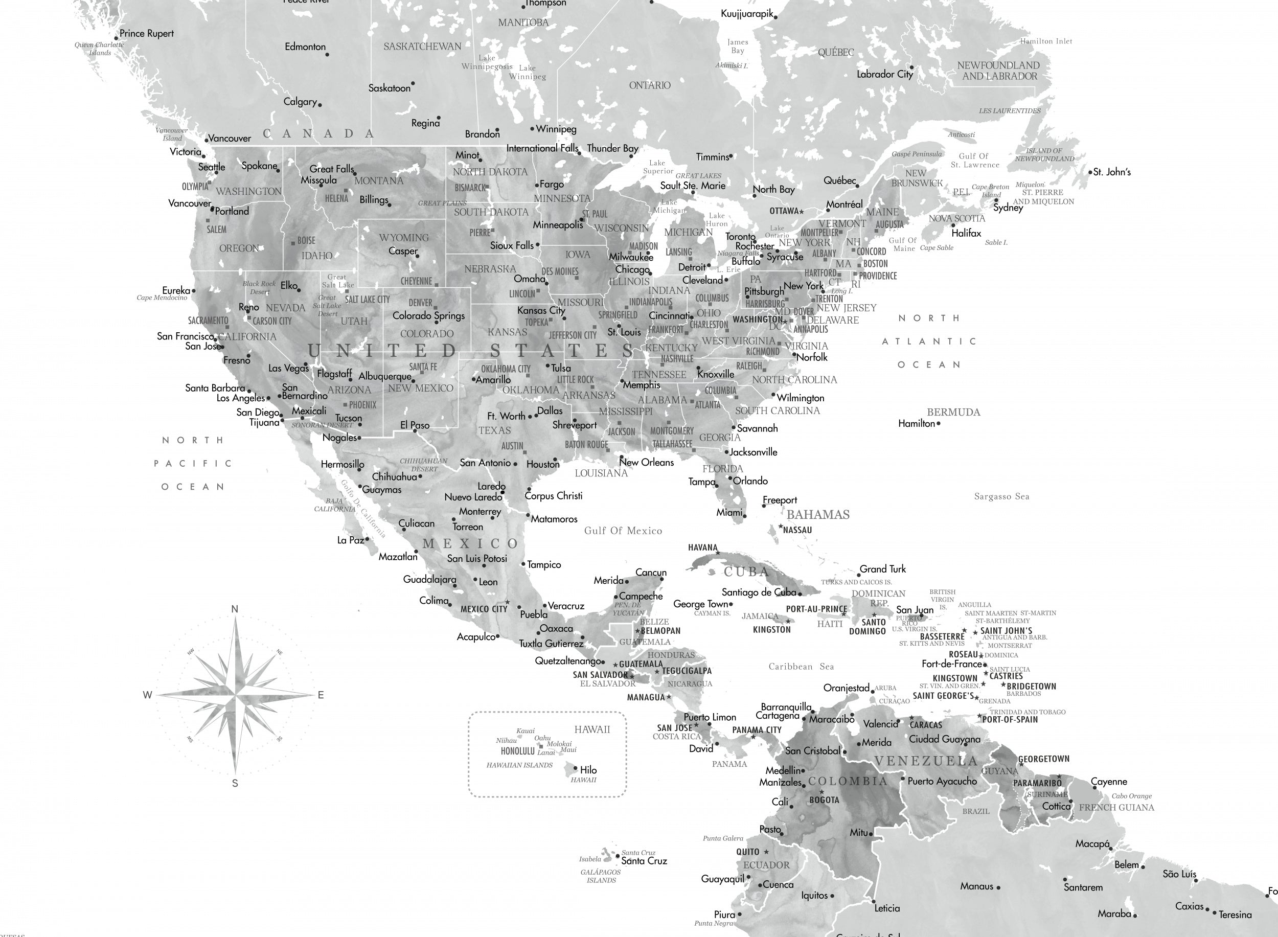 Gray map of USA and the Caribbean sea