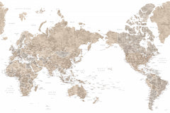 Wall mural Pacific centered world map in taupe – fototapet med unikt motiv som skapar en inspirerande fondvägg