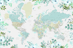 Wall mural Detailed world map with cities and florals Marie – fototapet med unikt motiv som skapar en inspirerande fondvägg