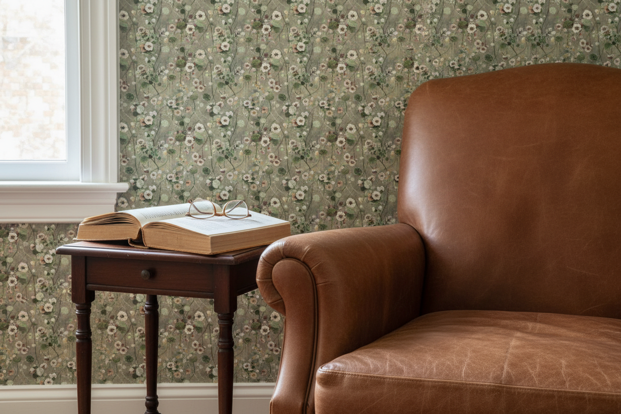 Reval Wallpaper Krasse - Greyish - Handmålad tapet med blommor i grå toner – högkvalitativ tapet för en personlig och harm...