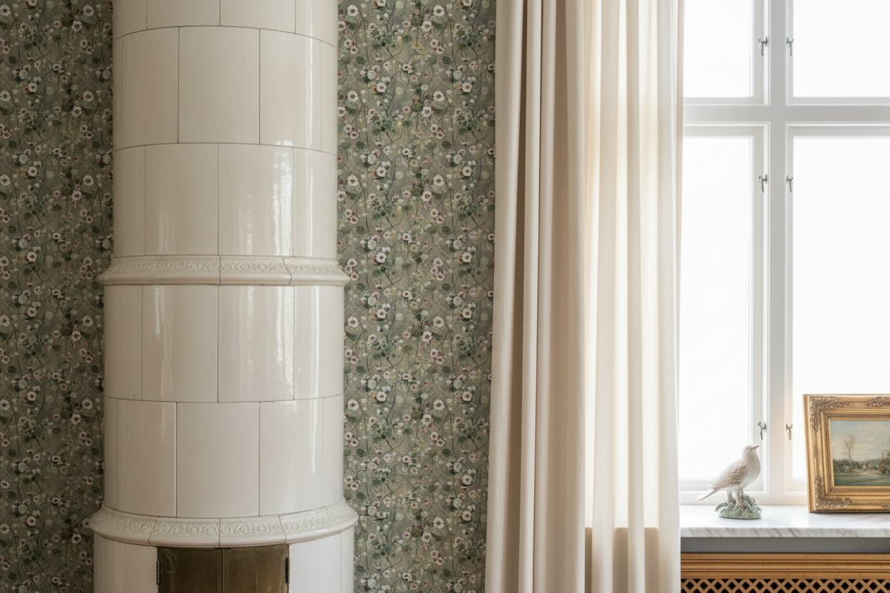 Reval Wallpaper Krasse - Greyish - Handmålad tapet med blommor i grå toner – högkvalitativ tapet för en personlig och harm...