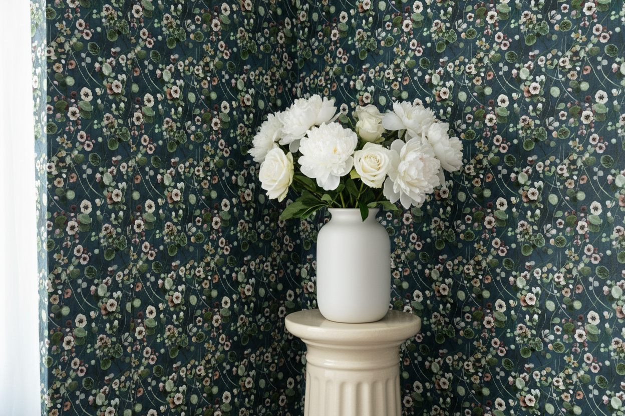 Reval Wallpaper Krasse - Midnight Blå - Handmålad tapet med blommor i djupa blå toner – högkvalitativ tapet för en personl...
