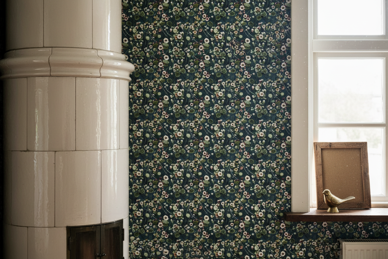 Reval Wallpaper Krasse - Midnight Blå - Handmålad tapet med blommor i djupa blå toner – högkvalitativ tapet för en personl...
