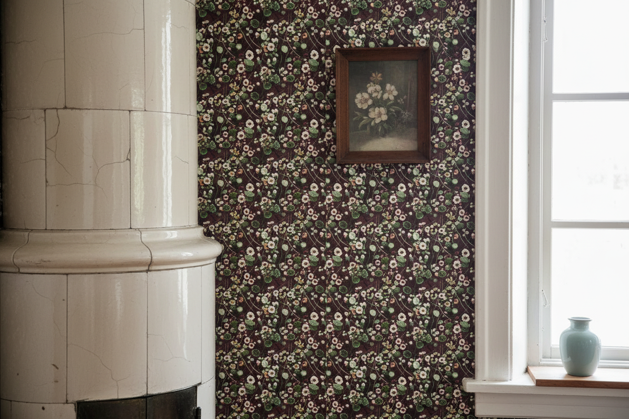 Reval Wallpaper Krasse - Vine - Handmålad tapet med levande blommor i röda toner – högkvalitativ tapet för en personlig oc...