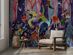 Circus performers and children in the forest