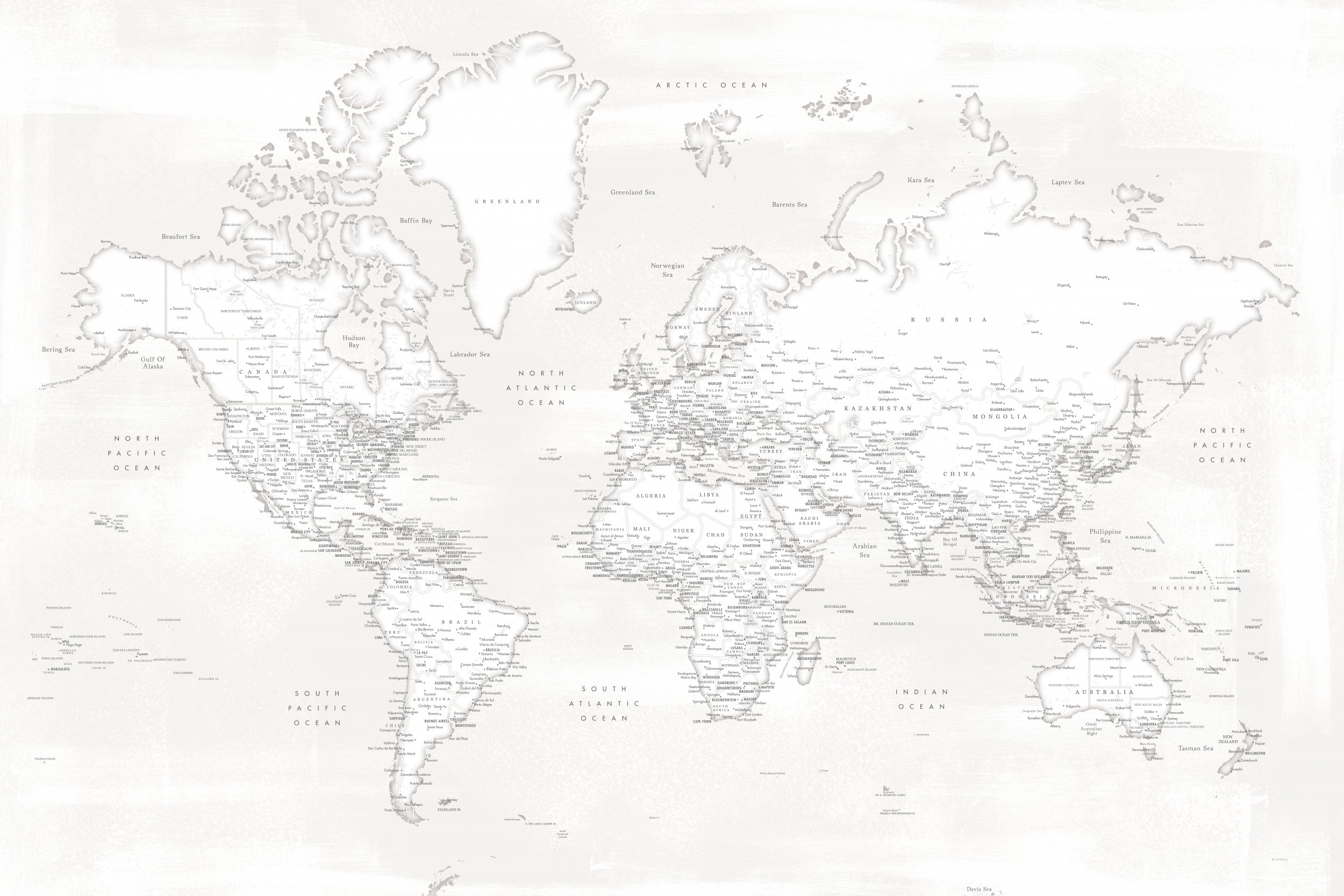 Detailed world map with cities, Maeli white