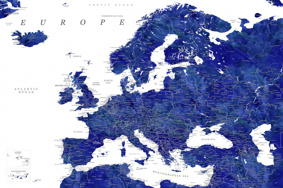 Marineblått detaljert kart over Europa