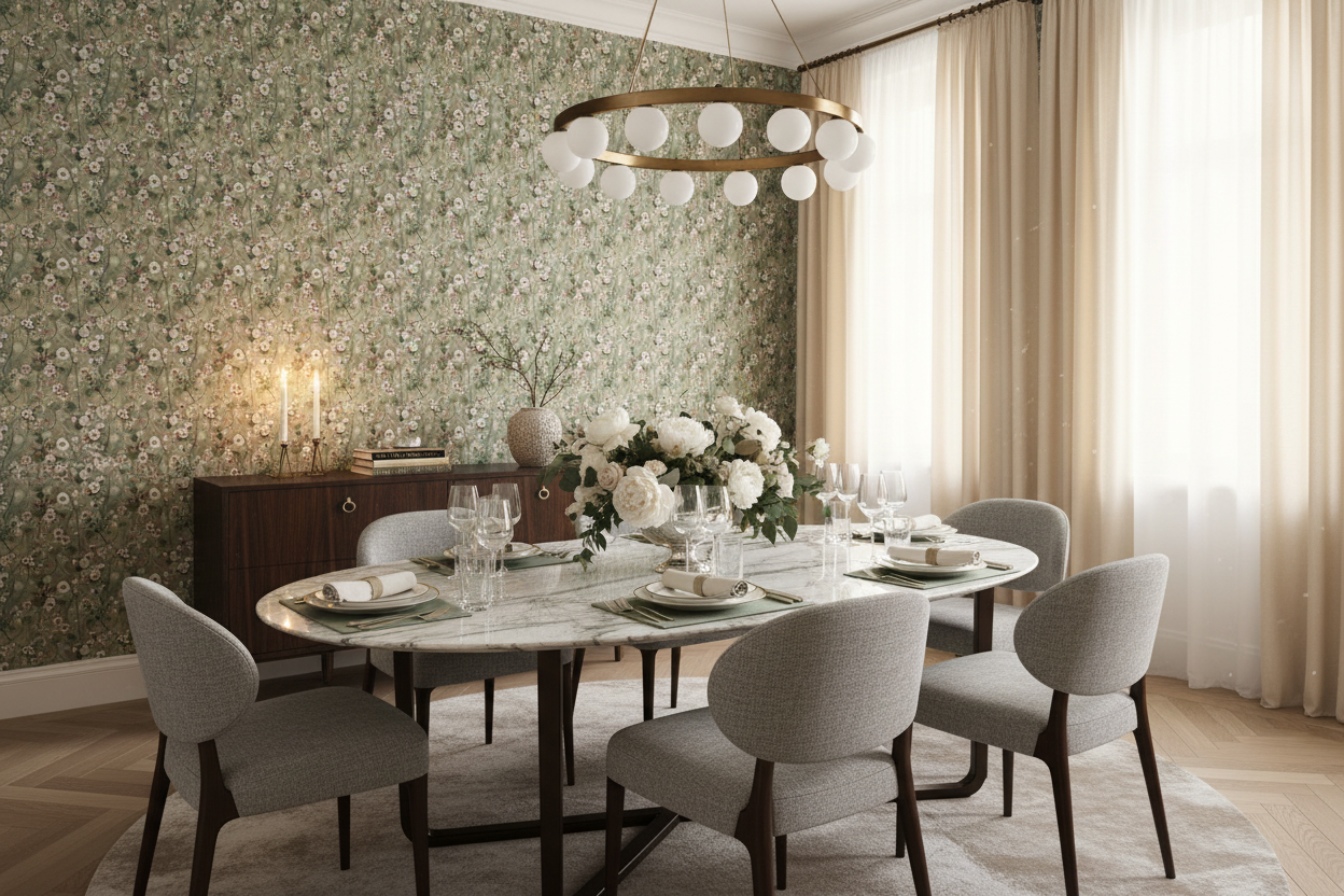 Reval Wallpaper Krasse - Greyish - Handmålad tapet med blommor i grå toner – högkvalitativ tapet för en personlig och harm...