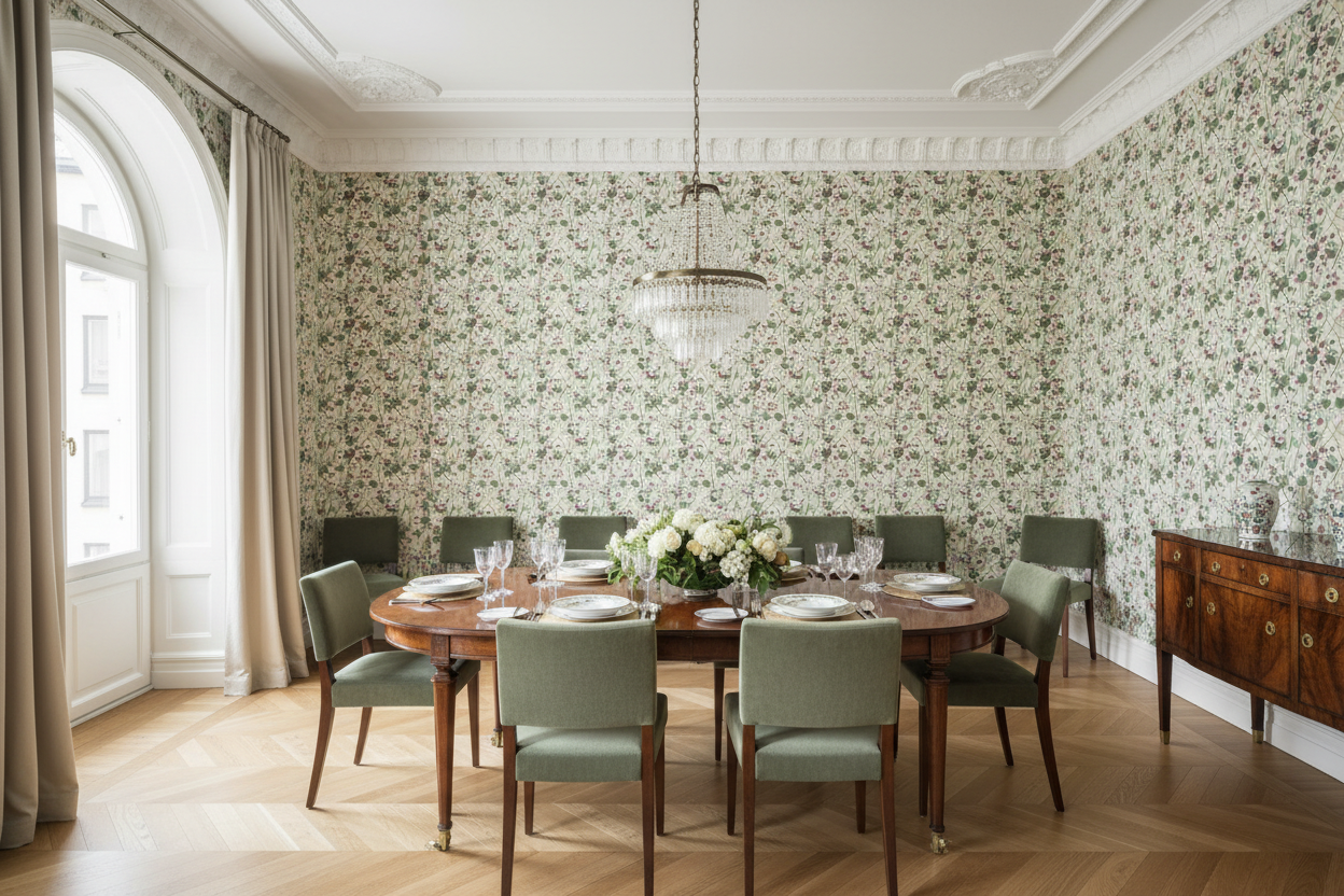 Reval Wallpaper Krasse - Vit - Handmålad tapet med blommor på ljus bakgrund – högkvalitativ tapet för en personlig och har...