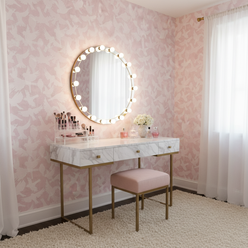 Fåglar - Rose - Mjuk rosa tapet med fågelmotiv i skandinavisk design