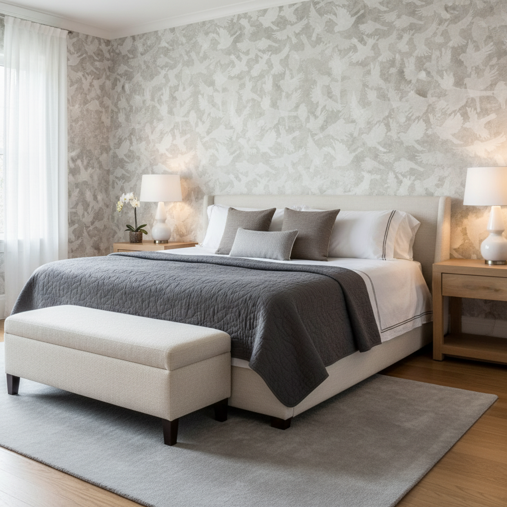 Fåglar - Grey - Elegant grå tapet med fågelmotiv i skandinavisk design