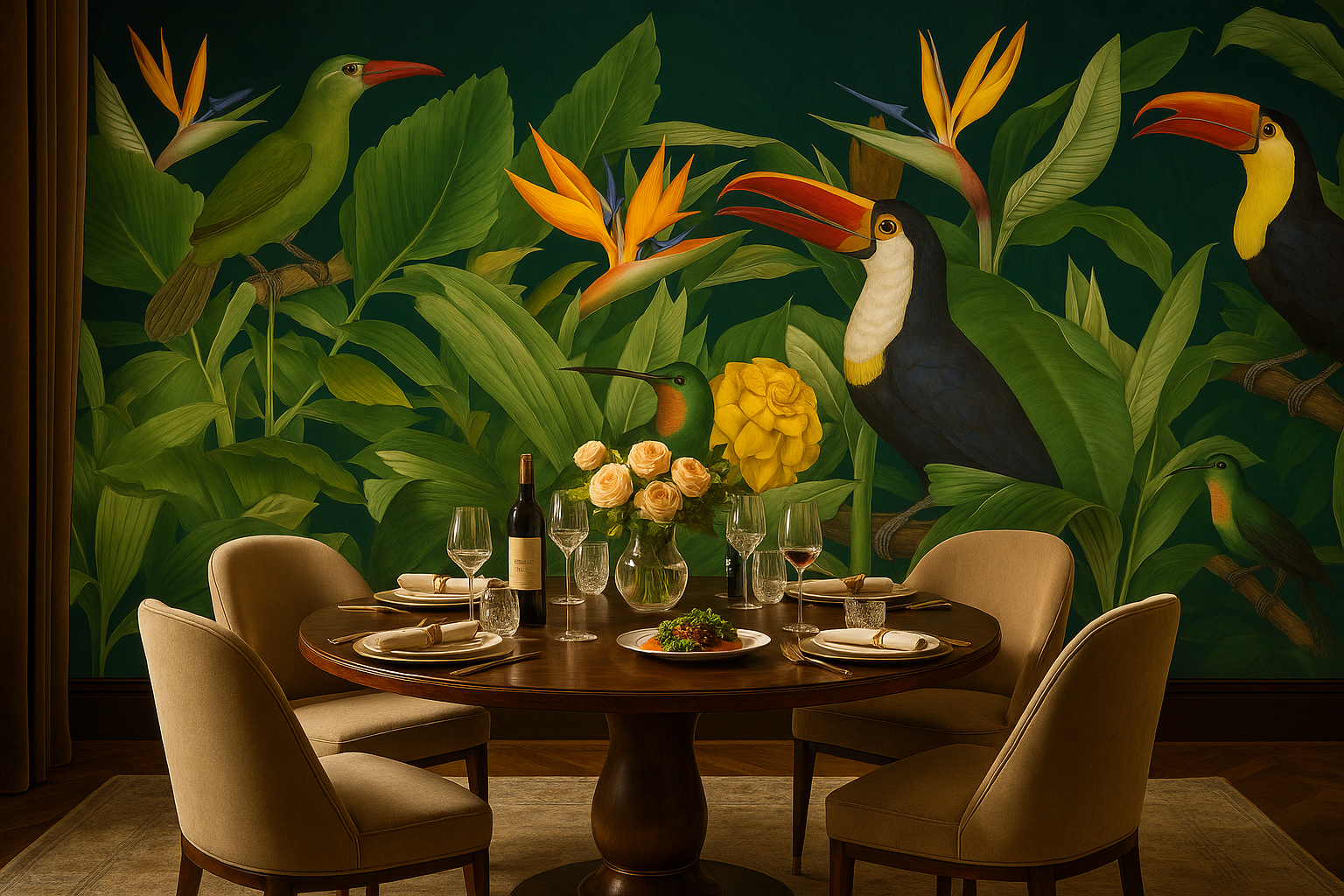 Rainforest Birds – Exotisk fototapet med tropiska fåglar och lummig djungel