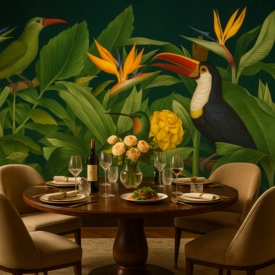 Rainforest Birds – Eksotisk fototapet med tropiske fugler og frodig jungel rumsbild 3