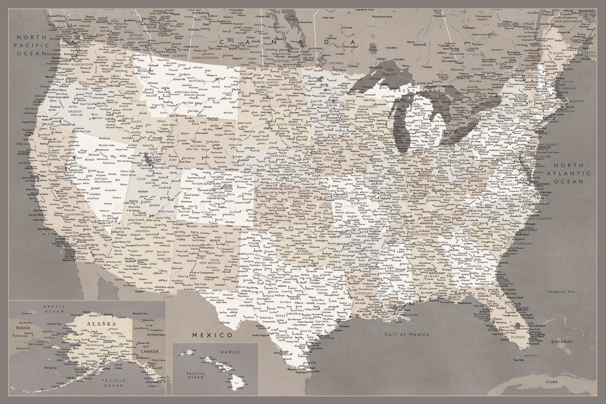 Svært detaljert kart over USA, mørk taupe