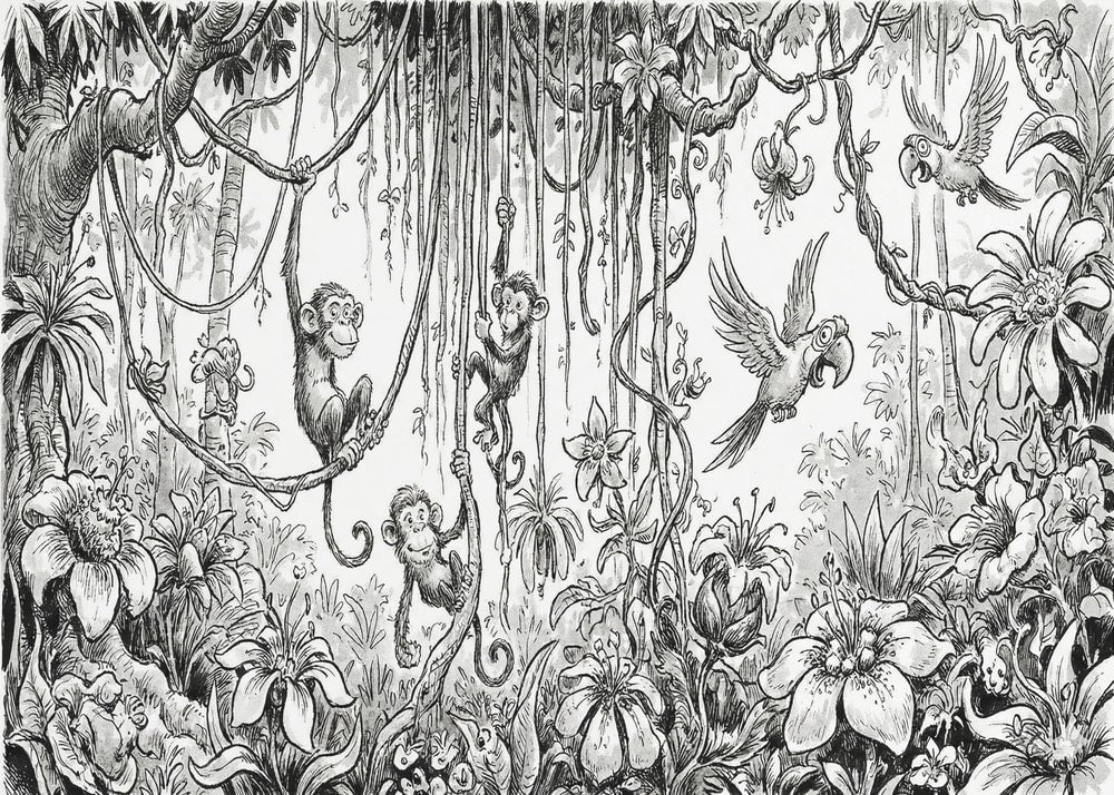 Jungle Monkeys and Parrots