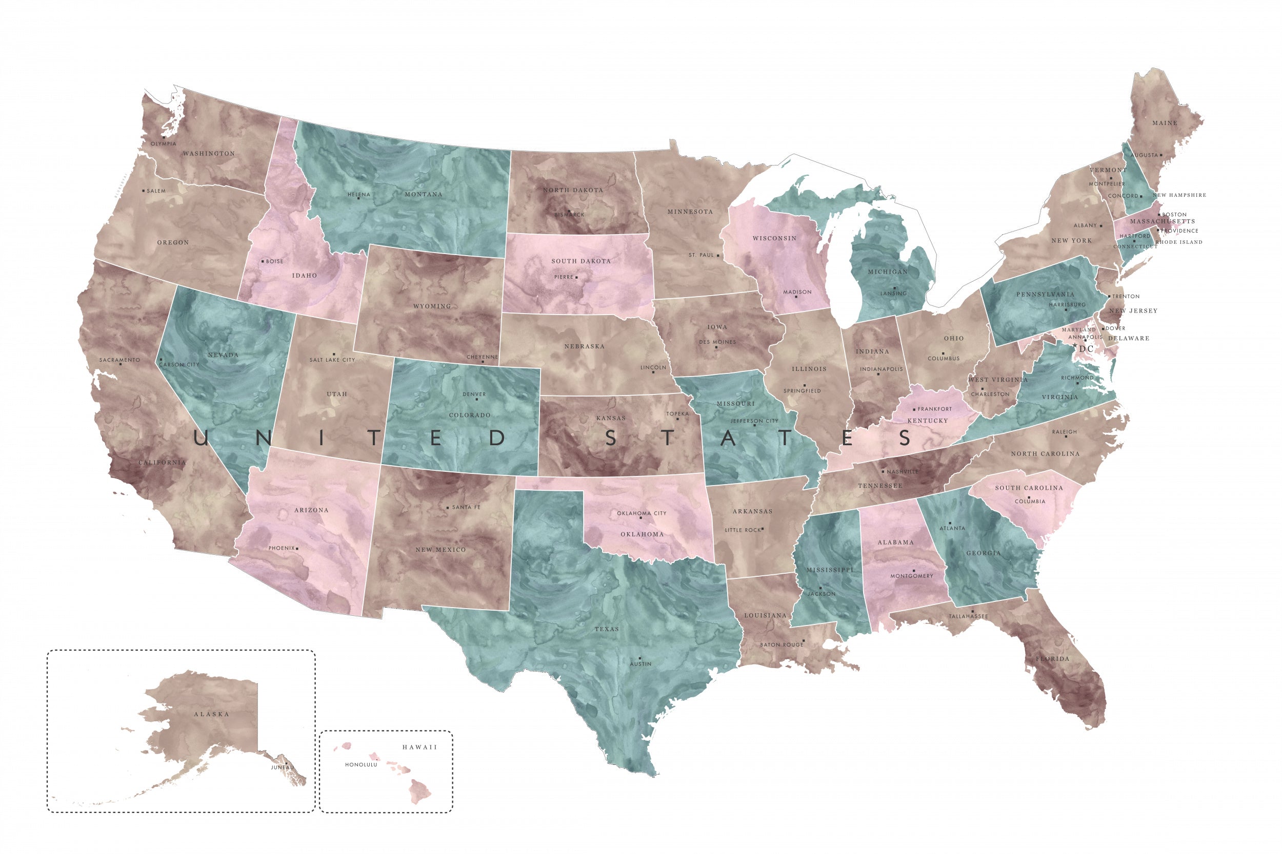 Pink and teal watercolor map of the US