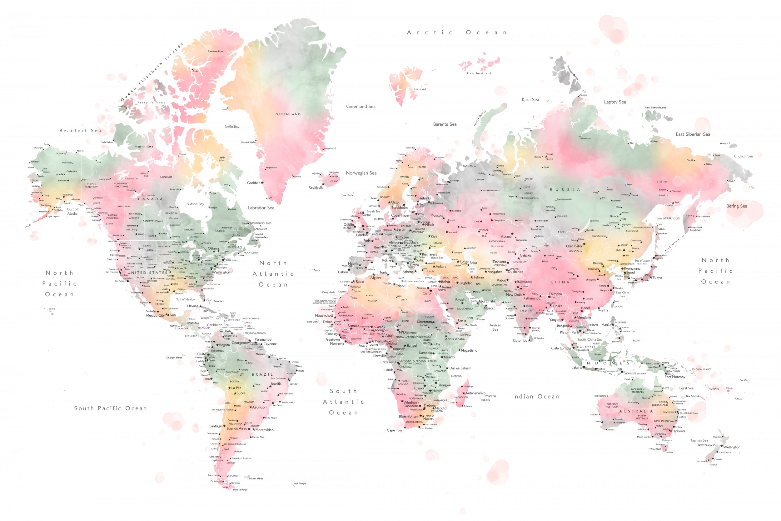 Pastel watercolor world map with cities, Anjah