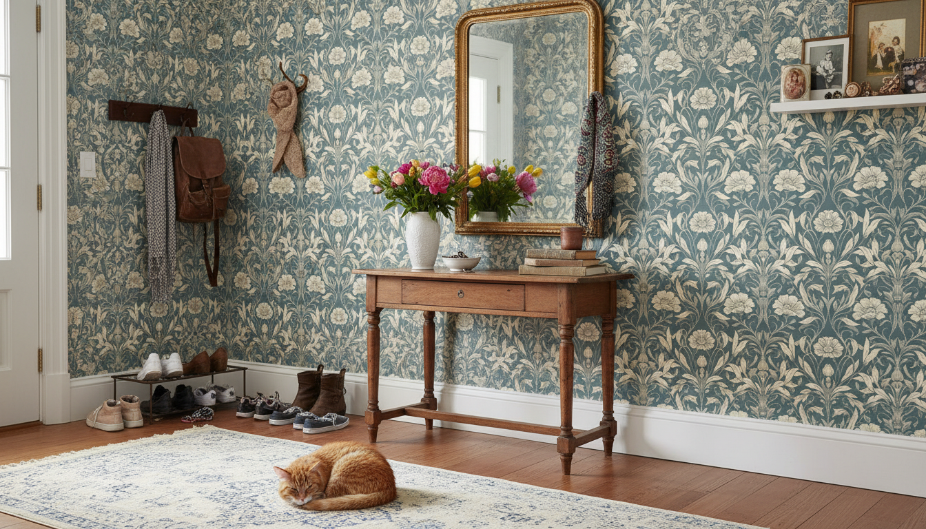 Isabelle - Blågrön - Klassisk tapet med damastmönster i blågrå toner