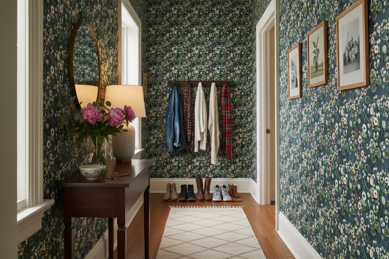 Reval Wallpaper Krasse - Midnight Blå - Handmålad tapet med blommor i djupa blå toner – högkvalitativ tapet för en personl...